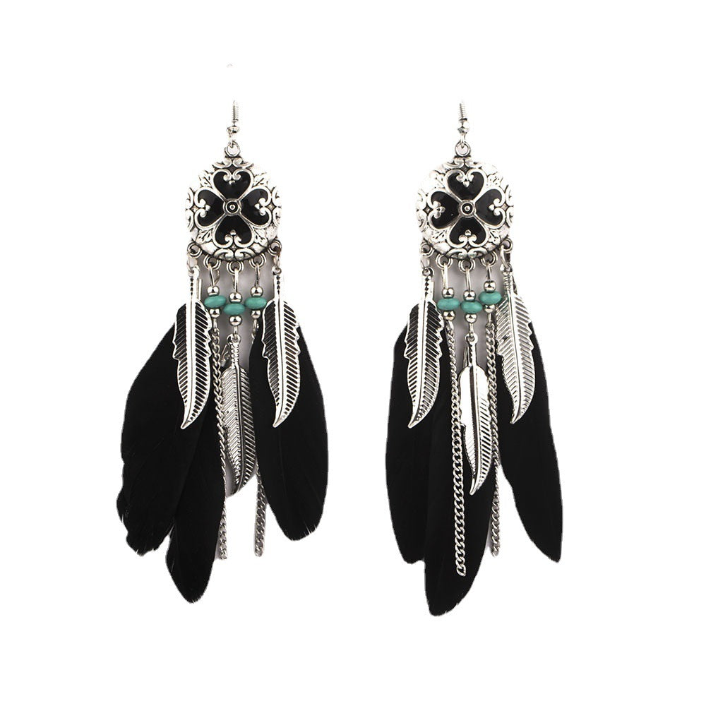 Women's Style Ornament Drop Oil Feather Tassel Long Elegant Earrings