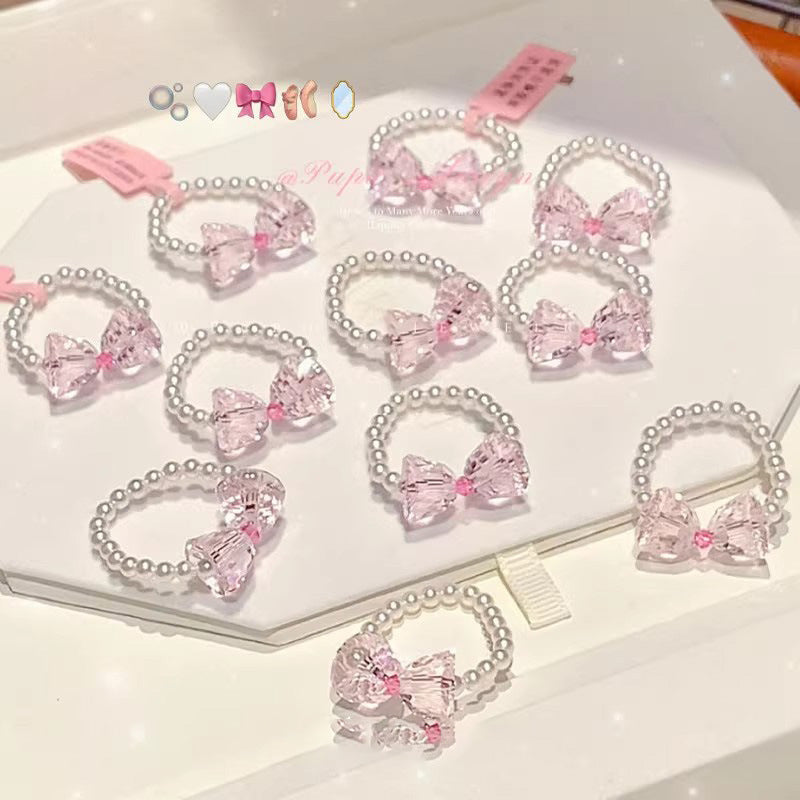 Stringed Pearls Pink Bow Sweet Cute High Sense Index Ring