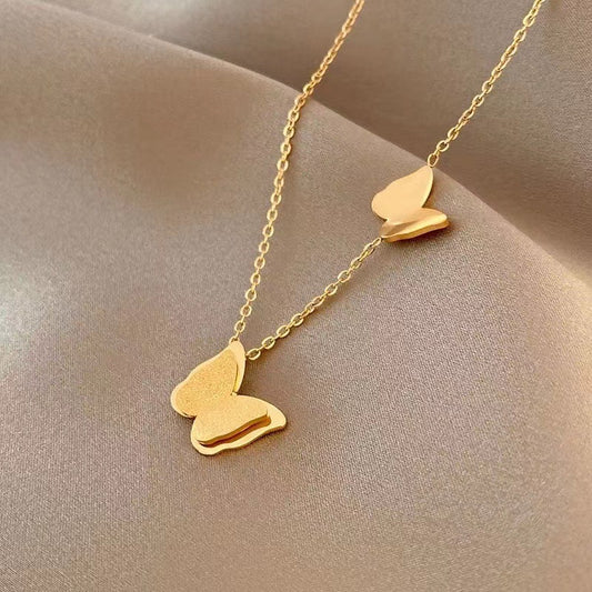 Double Butterfly Titanium Steel Rose Gold Fine Necklaces