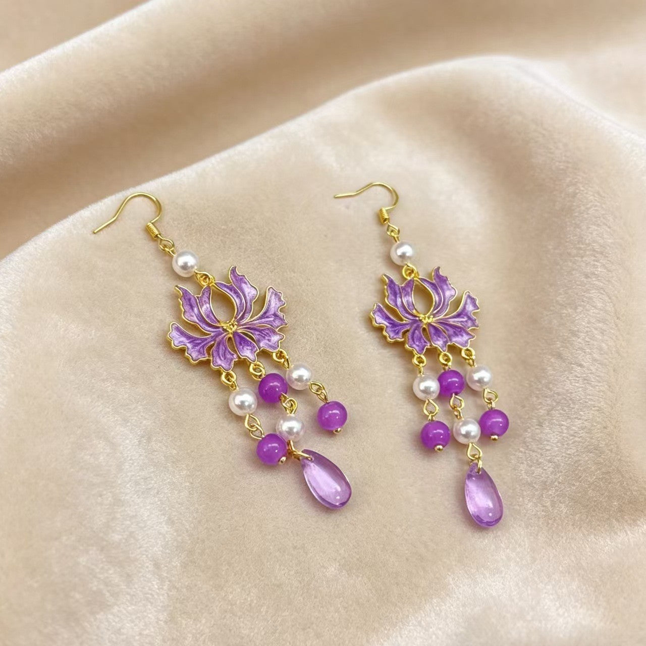 Chinese Style Purple Lotus Tassel Light Luxury Ancient Han Clothing Earrings