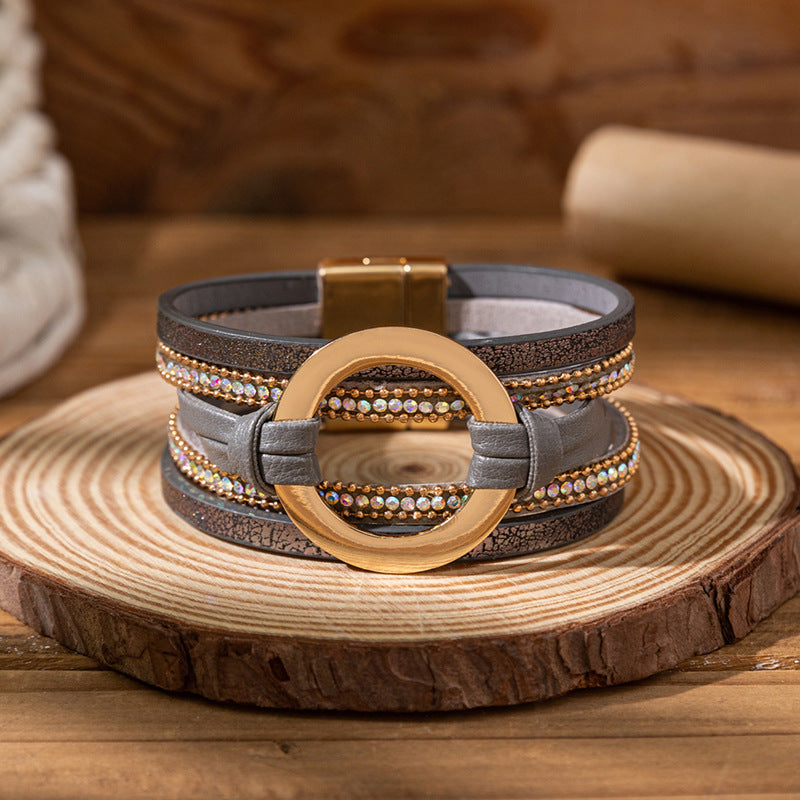 Personalized Big Circle Leather Niche Golden Rhinestone Bracelets
